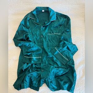 Satin Blue Green Button-Up Pajama Top with White Piping